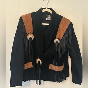 Vintage Phoenix Fringe Suede Jacket Black and Brown Pig Split Large Rodeo